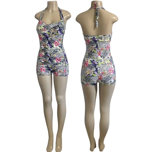 Other - Floral Twist Front Halter Swimsuit Romper | Stretch Nylon Spandex Unique Print L